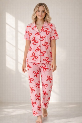 Free Beka Kadın Önden Düğmeli Devrik Yaka Kısa Kol Uzun Pantolon Desenli Pijama Takımı Pembe