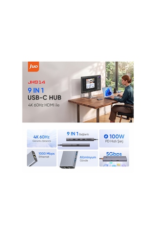 Juo Type-c 9 Portlu 4k 60hz Hdmı Gigabit Ethernet Dönüştürücü Sd Microsd Kart Okuyucu 100w Pd 3 Usb 3.2 Çoklayıcı Hub