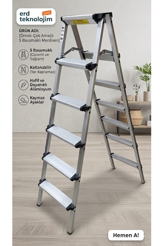 5 Basamaklı Çift Çıkışlı Alüminyum Portatif Merdiven 123cm 5 Basamaklı Çift Çıkışlı Alüminyum Portatif Merdiven 123cm