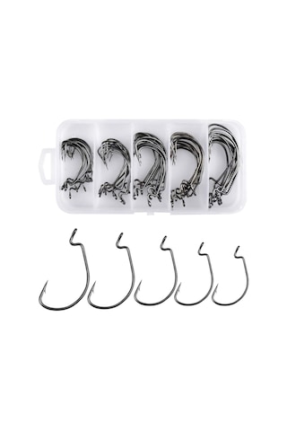 Valkyrie 50 Adet Paslanmaz Karbon Çelik Silikon Solucan Yem Balık Olta İğne Seti - Texas Rig - Kutulu Krom