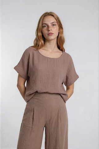 Vitrin Kısa Kol Oversize Keten Bluz CAMEL