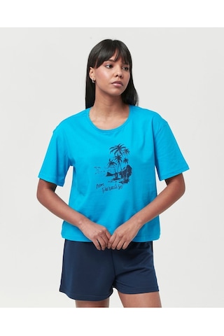 Bella Dossi Pamuklu Kısa Kollu Baskılı Kadın Şortlu Pijama Takımı Mavi S