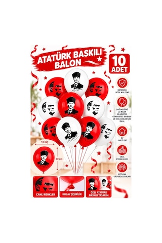 Atatürklü Balon 10 Adet Ata Balon Süsleme 29 Ekim 23 Nisan Kırmızı Beyaz Balon Bayrak Balon Bayram Beyaz - Kırmızı