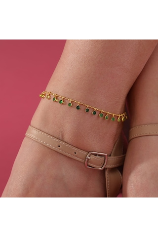 Queen Silver Jewelry 925 Ayar Gümüş Top Zicirli Yeşil Renk Geçişli Halhal Altın