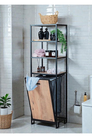 Dekoratif Kirli Sepetli Banyo Dolabı Ahşap Raflı Metal Gövdeli 4 Raflı Çamaşır Sepeti Banyo Düzenleyici Organiz Diğer