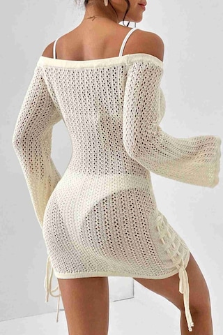 Angelsin Örme Yanlardan Büzgülü Uzun Kollu Plaj Elbisesi Pareo Krem 001