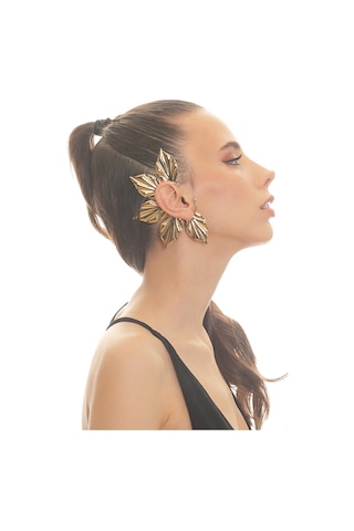 Kadın Altın Renk Lak Kaplama Zirkon Taşlı Yaprak Stilizesi Sağ Kulak Earcuff&kıkırdak Küpe Çok Renkli
