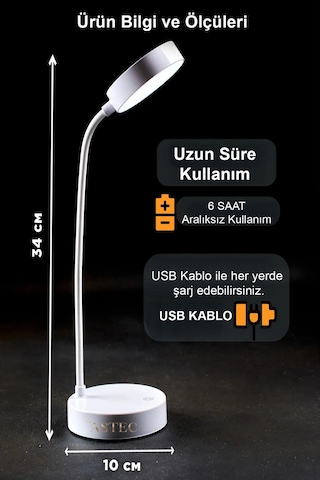 Astec Beyaz Bükülebilir 3 Renk Led Masa Çalışma Lambası Dimli Dayanıklı Silikon Tuşlu Usb'li Şarjlı
