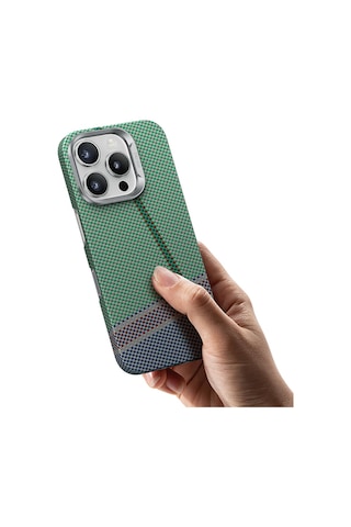 Apple Uyumlu iPhone 16 Pro Max Kılıf Magsafe Şarj Karbon Fiber Tasarım Benks Passion Green Armorair Kevlar Yeşil