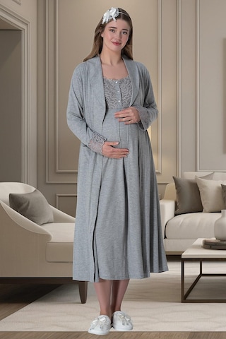 Mecit Pijama Mecit 6007 Gri Sabahlıklı Lohusa Gecelik Takım
