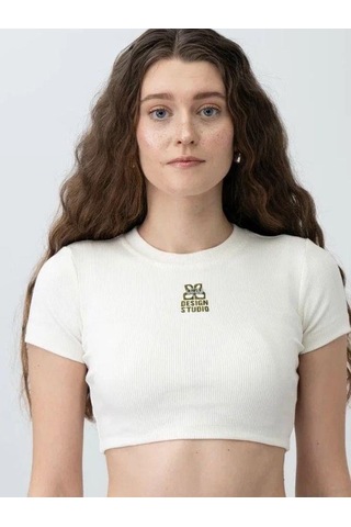 Zekids Kız Çocuk Fitilli Yarım Kollu Crop T-shirt-15799 Krem Yeşil