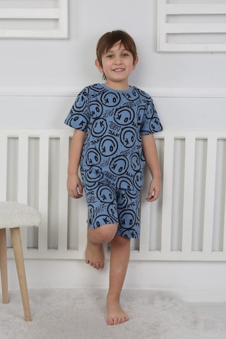 Bunny Hopp Şortlu Erkek Çocuk Pijama Takımı %100 Pamuk Desenli Yazlık 3-8 Yaş Mavi Siyah