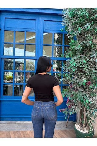 WeShaya Kadın Siyah Bisiklet Yaka Kısa Kollu Viskon Badi Tişört Siyah