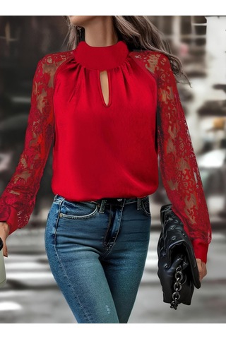 Tua Moda Kadın Uzun Kollu Göğüs Pencere Detay Yaka Boğazlı Kolları Tüllü Sandy Bluz Kırmızı