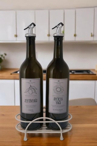 Digithome Petra 2'li Krem Metal Standlı Yağdanlık Seti Gümüş Etiketli Amber Yağlık 750 Ml Krem