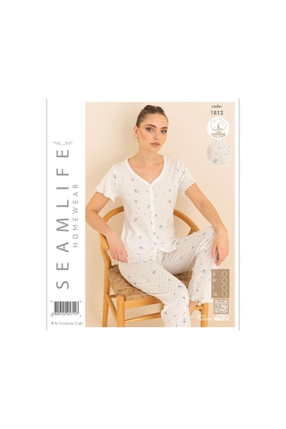 Seamlife Kadın %100 Pamuk Kalp Desenli Önü Düğmeli Kısa Kollu Pijama Takımı 18121787 Beyaz