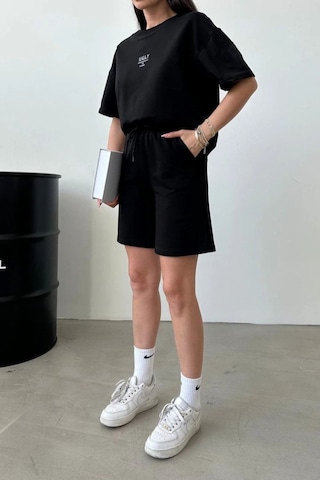 Ugly Baskılı Siyah Şort T-shirt Takım Oversize Bisiklet Yaka Tişört Takım Unisex Siyah