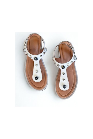 Ne&ve Shoes Bej Hakiki Deri Kadın Parmak Arası Taşlı Sandalet