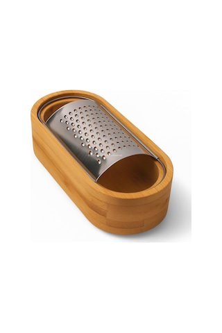 Lexroo Ahşap Bambu Hazneli, Yatay Oval Metal Bombeli, Çok Amaçlı İnce Rende, 7 X 15,5 Cm, Peynir Paslanmaz Çelik