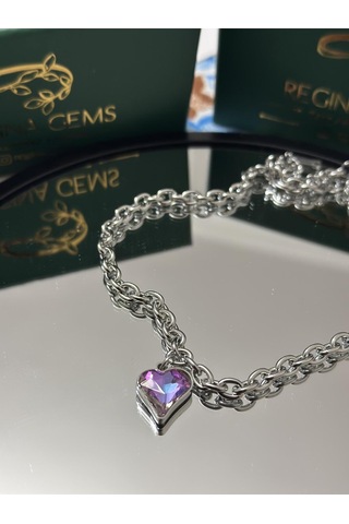 Dual Tone Heart Crystal Kolye Gümüş