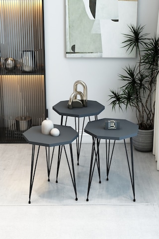 3'lü Sekizgen Zigon Sehpa Seti - Siyah Metal Ayaklı, Modern & Şık Yan Sehpa, Dayanıklı Salon Ofis Antrasit