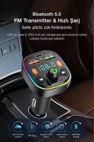 Bluetooth Araç Çakmaklık Fm Transmitter Işıklı Mp3 Çalar Type-c Hızlı Şarj Araç Şarj Cihazı Bluetooth Araç Çakmaklık Fm Transmitter Işıklı Mp3 Çalar Type-c Hızlı Şarj Araç Şarj Cihazı