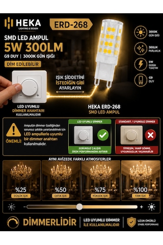 10 Adet Heka 5w Günışığı 3000k G9 Duylu Dim Edilebilir Led Kapsül Ampul
