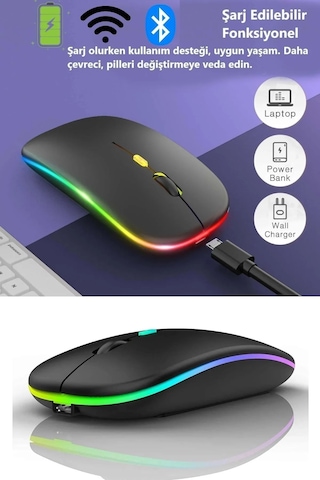 Renkli Led Şarjlı Bluetooth + 2.4g Kablosuz Mouse Çift Mod