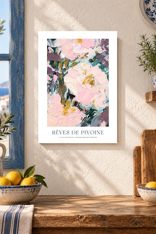 Pembe Soyut Çiçekler Desenli Dekoratif Mdf Tablo, Çerçeve Görünümlü Ahşap Poster