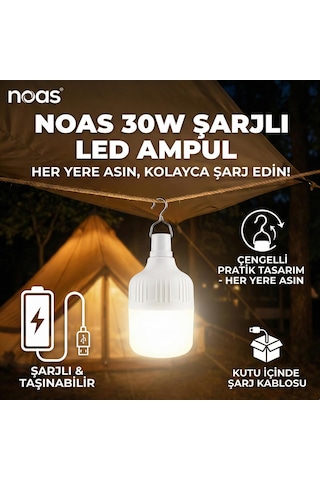 Noas 30w Şarjlı Smd Led Ampül 2400lm Ip20 3 Mod Beyaz Işık Çengelli