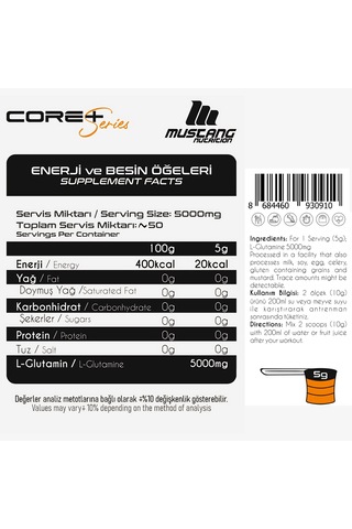 Mustang Nutrition Core+ Pure L-glutamine Powder 250 Gr Glutamin 50 Servis + Shaker + Protein Kahve Hediyeli Aromasız