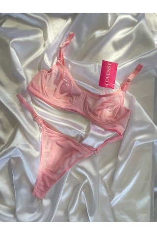 Lovensy Sütyen Tanga Transparan Takım Tül Pembe İç Giyim