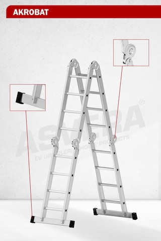 Asvera 4.7 Metre Çok Amaçlı Akrobat Merdiven - 16 Basamaklı 4x4 Katlanır Profesyonel Merdiven