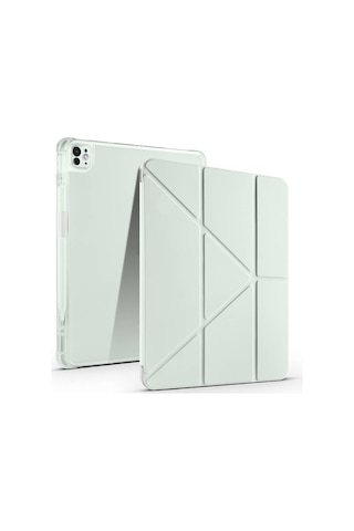 Apple Uyumlu iPad, Pro 13 2025 M5 Kılıf Mkst Tri Folding Kalem Bölmeli Standlı Kılıf - Açık Yeşil Tablet Kılıfı
