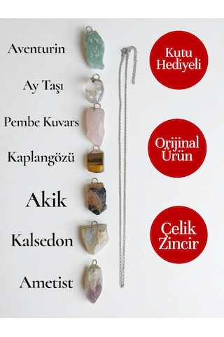 7 Li Doğal Taş Kolye Ucu Seti + Çelik Zincir Kutu Ve Arındırma Tütsüsü Hediyeli, Orijinal Ürün Çok Renkli