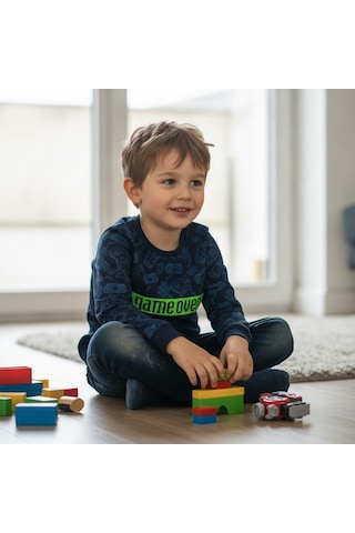 Bonbon Erkek Çocuk 2'li Paket Pamuklu Baskılı Lacivert Renk Uzun Kollu Tshirt Cb1078