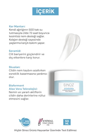 Sinoz Hydrapro Su Bazlı 72 Saat Yoğun Nemlendirici Yüz Bakım Kremi 50 ML