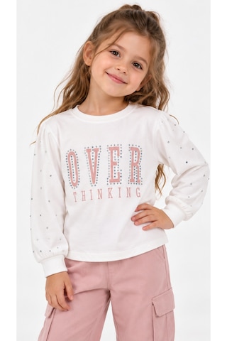 İrem Kız Çocuk Over Yazılı Kolları Taş Detaylı Uzun Kollu Beyaz Renk Penye İnce Sweatshirt