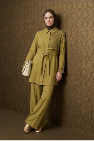 Armine Trend File Detaylı Pantolonlu İkili Takım Yağ Yeşili 26yt6133