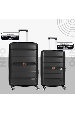 Npo Diamond Pp Polipropilen Küçük Ve Orta Boy 2'li Kırılmaz Valiz Seti-siyah Siyah