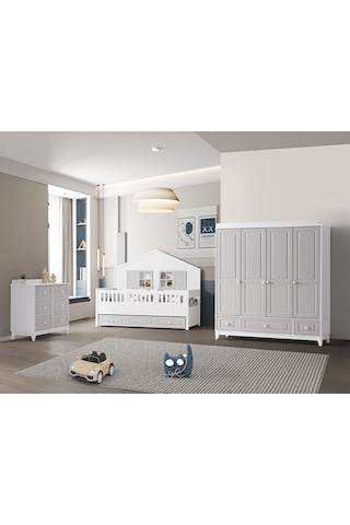 Aymini Joy 4 Kapılı Bebek Odası Takımı Beyaz - Gri