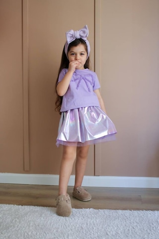Kız Çocuk Lila Renk Partlak Kumaş Tütü Balon Etek Fiyonk Nakışlı T-shirt Pamuklu Altüst Takım Lila Mor Lila - Mor