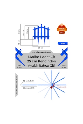 Dekoratif Plastik Bahçe Çiti Ve Peyzaj Çiti 1 Adet Çit Y: 25 Cm / G: 25 Cm Toprak Ayaklı - Mavi