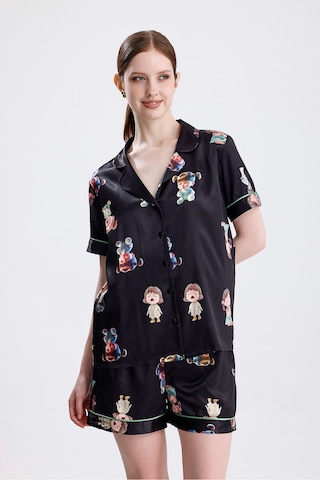 Kadın Kısa Kollu Şortlu Pijama Takımı Kız Bebek Desenli Yazlık Rahat Takım Çok Renkli
