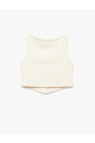 Koton Pamuklu Kare Yaka Slim Fit Düğmeli Kolsuz Tüvit Crop Bluz Ekru 6wkg60016ak Ekru