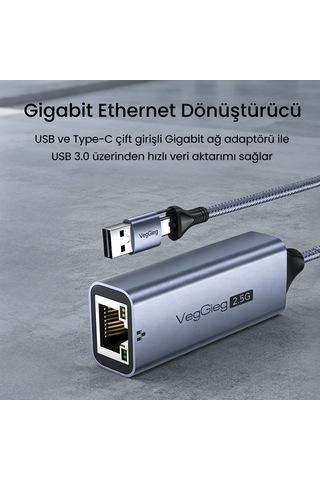 Veggieg Usb-a Ve Type-c 2.5g Gigabit Ethernet Dönüştürücü Adaptör