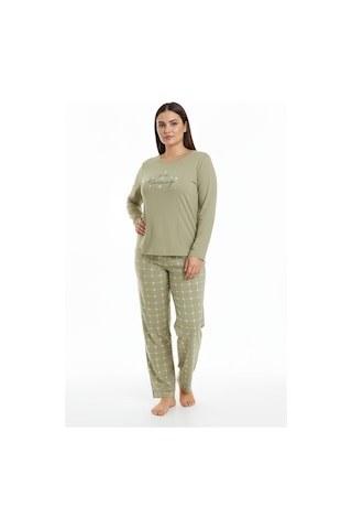 Bravie Üstü Yazılı Altı Kare Desenli Elite Viscose Uzun Büyük Beden Pijama Takımı Beyaz 3594 Haki