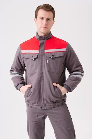 Kışlık İş Montu Grikırmızı Reflektörlü Gabardin Royal Mont İçi Kapitoneli Sıcak Tutan Gri-Kırmızı