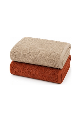 2'li Jakarlı Büyük Boy Banyo Havlusu 90x150 Cm %100 Pamuk Lorea 650 Gr Kiremit-bej