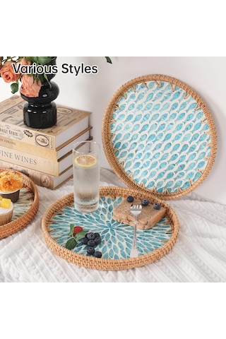 Qerhome 2'li El Yapımı Doğal Rattan Tepsi Sedef Desenli Yuvarlak Sunum Tepsisi Şık Servis Tepsisi 30-33 Cm Mavi Kahverengi